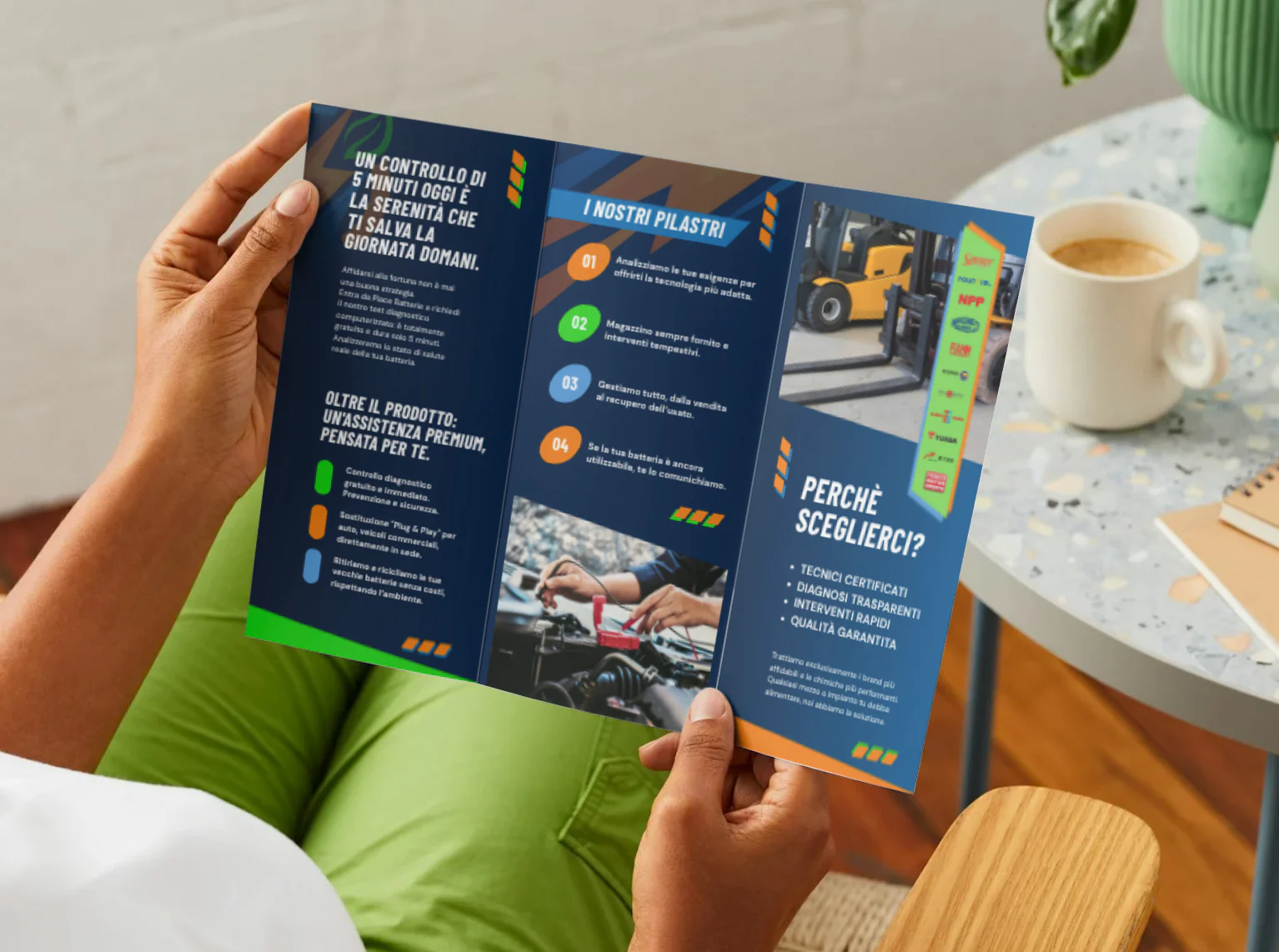 Brochure Piace Batterie — impaginazione dei pannelli interni