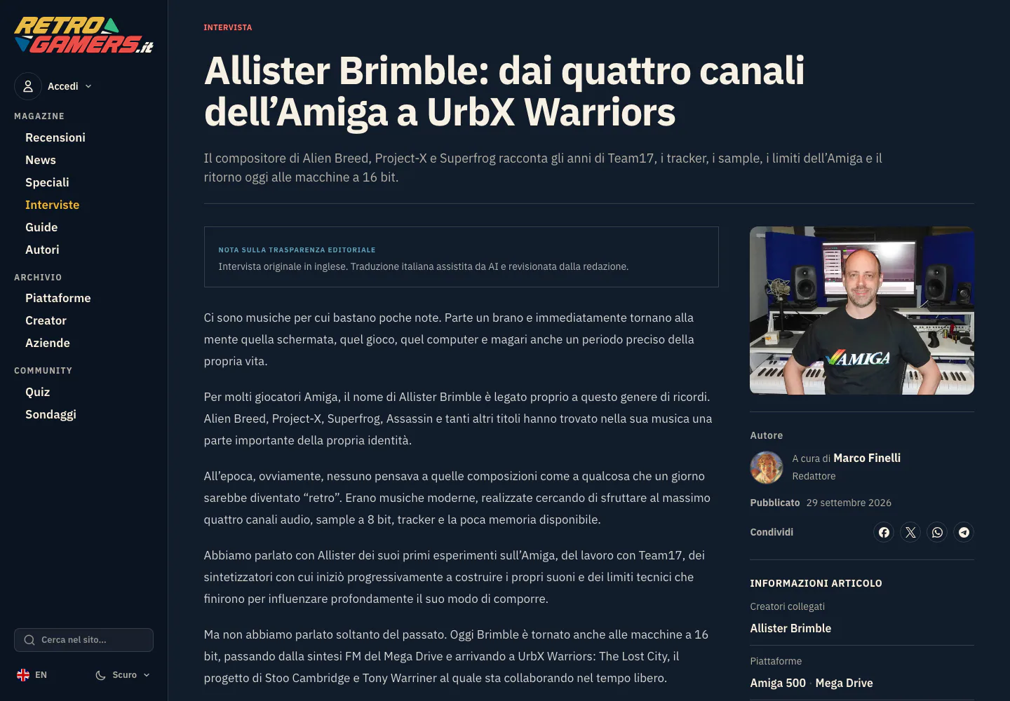 Pagina intervista di Retro-Gamers con navigazione laterale e contenuto editoriale